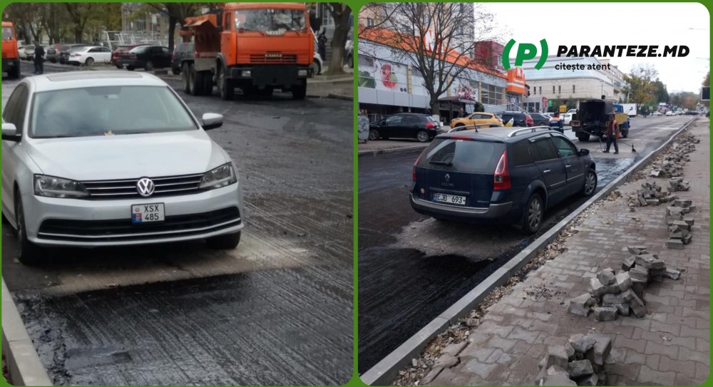 Tehnologii noi la reparația drumurilor? S-au pornit să asfalteze în jurul mașinilor parcate iresponsabil pe carosabil
